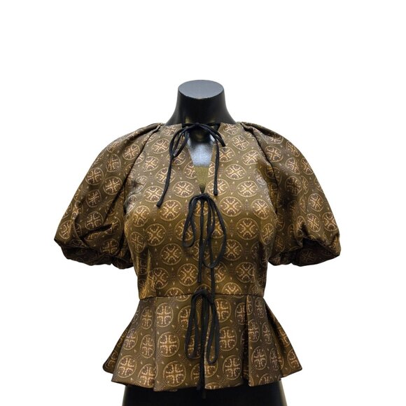 NWT Antonio Melani Brown Print Blouse With Puff Sleeves Size 0 - Picture 1 of 7